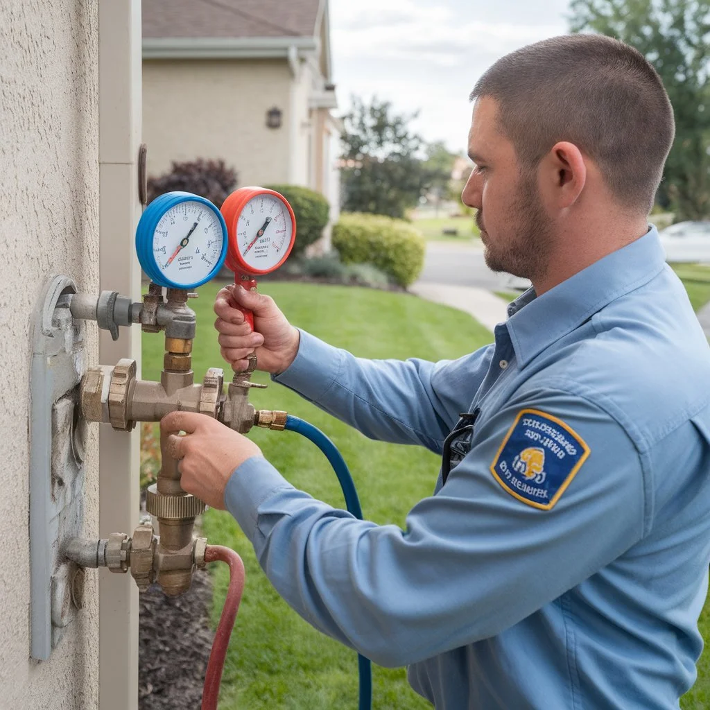 Certified plumber attaching red and blue pressure gauges to a residential backflow preventer while conducting annual backflow testing requirements
