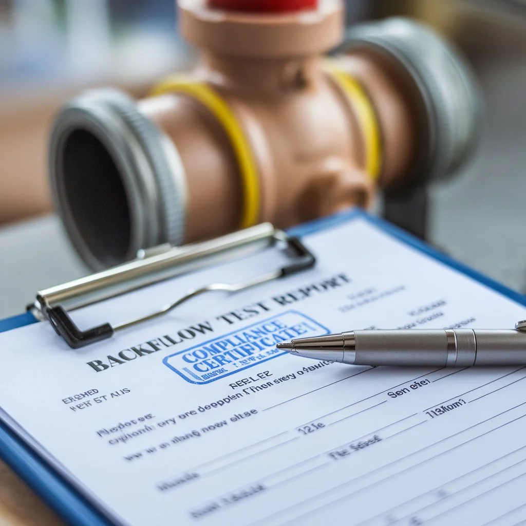 Backflow test report with a compliance certificate stamp on a clipboard beside a brass preventer meeting annual backflow testing requirements for homes