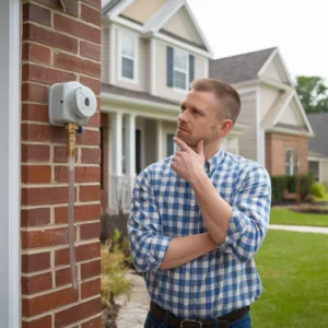 Homeowner in a plaid shirt looking at a backflow preventer on a brick wall questioning how often is backflow testing required
