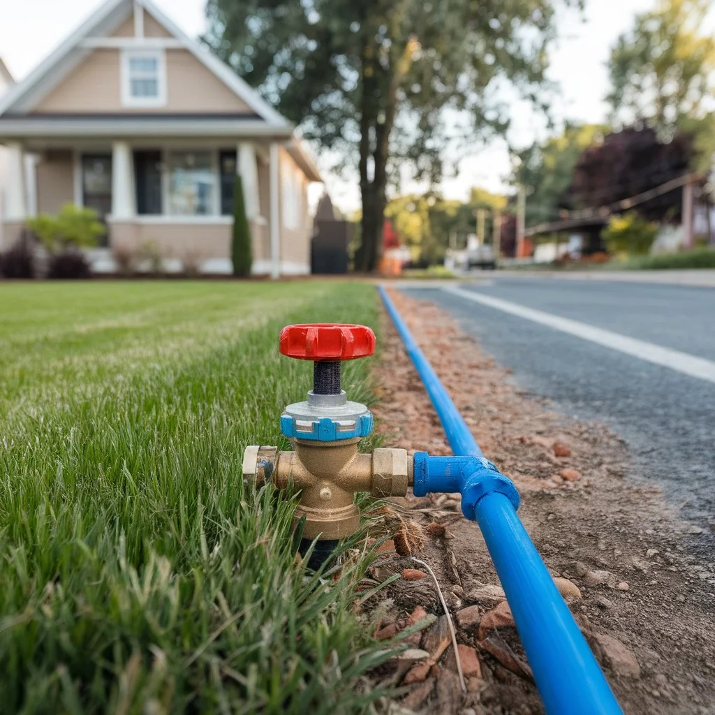 Brass backflow preventer with red valve connected to a blue water line in a residential lawn highlighting backflow preventer testing frequency