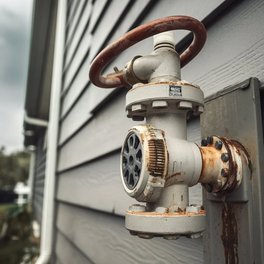 Corroded backflow preventer mounted on a residential home exterior showing neglect and rust, highlighting backflow preventer testing requirements