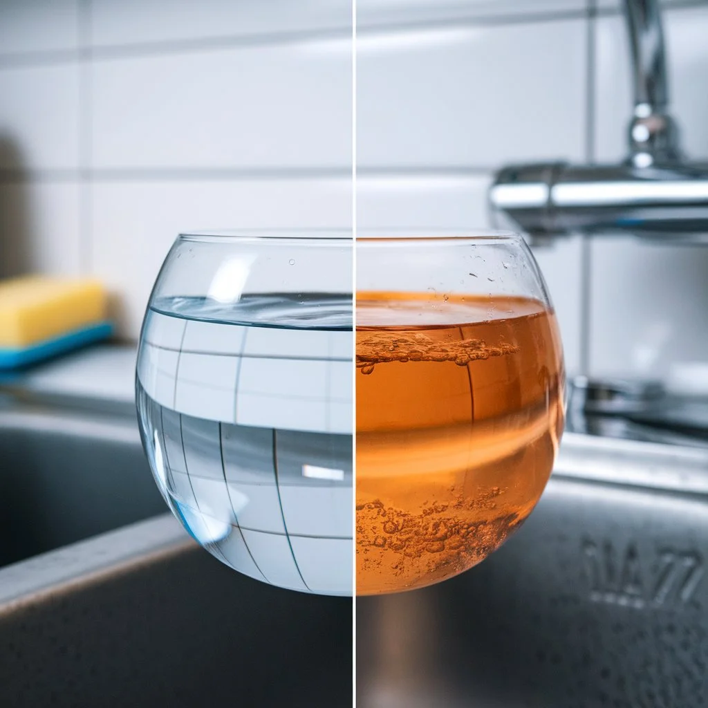 Split view of clean and discolored orange water in a glass illustrating the health risks of untested backflow preventers