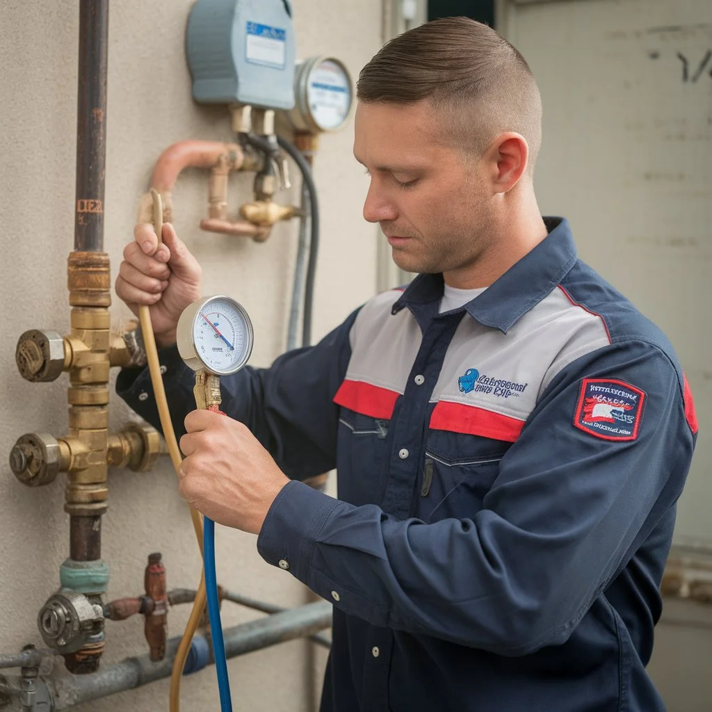 Certified plumber using a pressure gauge to inspect a backflow preventer assembly showing why is backflow testing mandatory