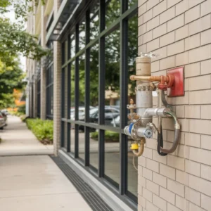 Backflow preventer assembly mounted on a commercial brick building exterior highlighting the importance of regular commercial backflow testing