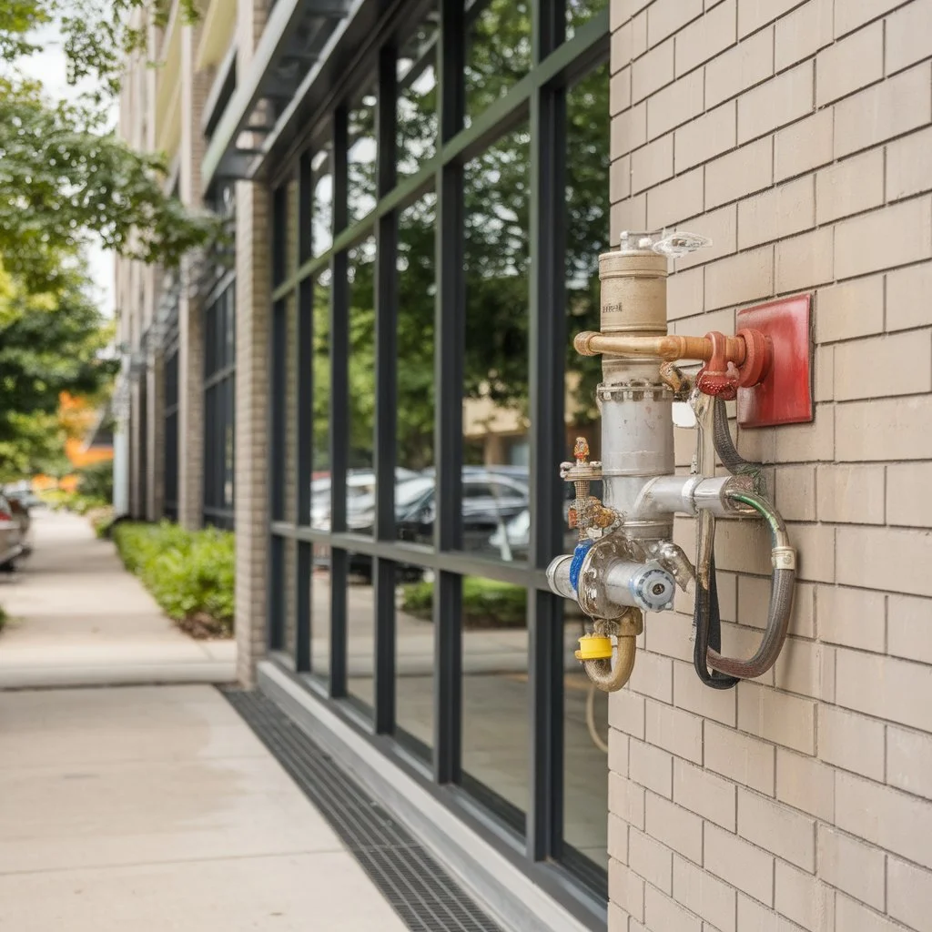 Backflow preventer assembly mounted on a commercial brick building exterior highlighting the importance of regular commercial backflow testing