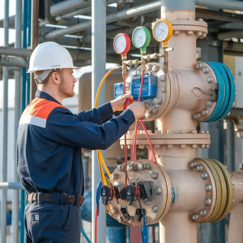 Certified technician in hard hat using color coded gauges to perform commercial backflow testing and inspections on an industrial pipe assembly