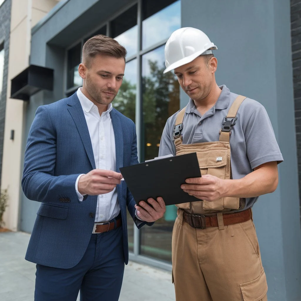 Property manager and uniformed technician reviewing a commercial backflow test report on a clipboard outside a modern building