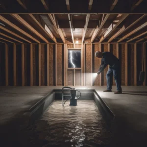 Homeowner checking a flooded basement sump pit with a flashlight to know what to do with sump pump during power outage