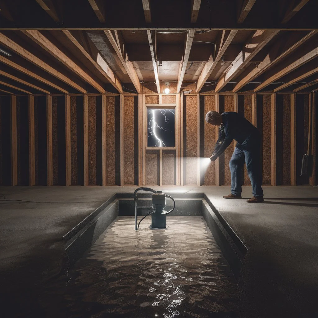 Homeowner checking a flooded basement sump pit with a flashlight to know what to do with sump pump during power outage