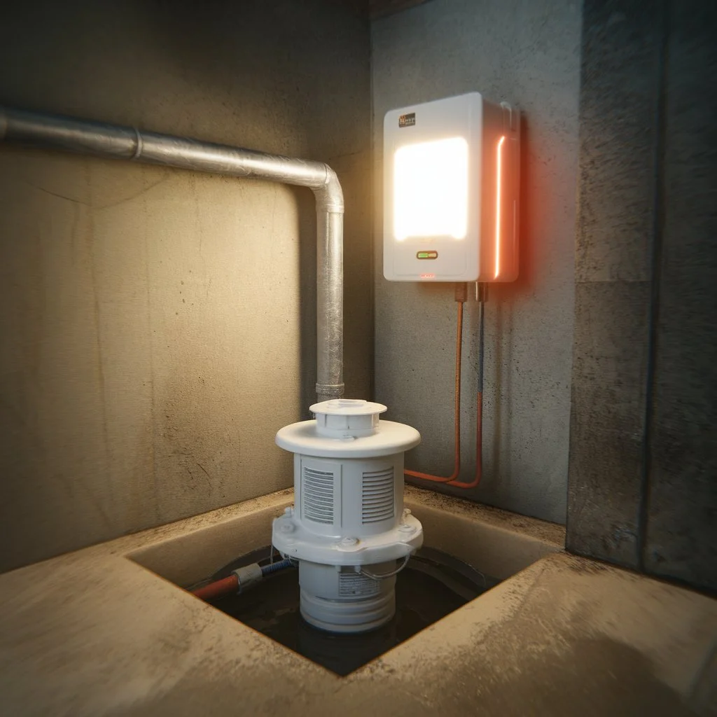 Battery backup sump pump actively running with glowing indicator light during a basement power outage