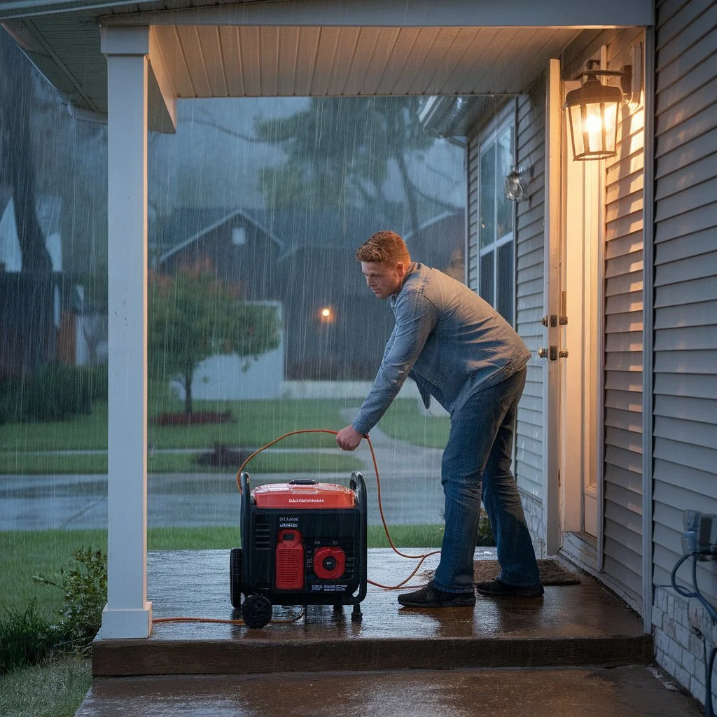 Homeowner operating a portable generator on a suburban porch during heavy rain to power a sump pump during power outage