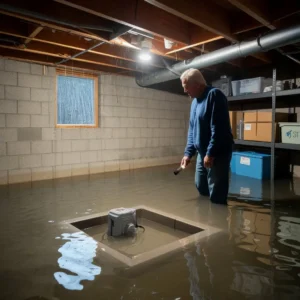 Homeowner standing in a flooded basement discovering reasons for sump pump failure during a heavy storm