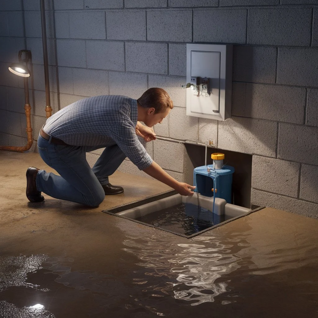 Homeowner kneeling beside a flooded sump pit checking what to do if sump pump fails during a storm