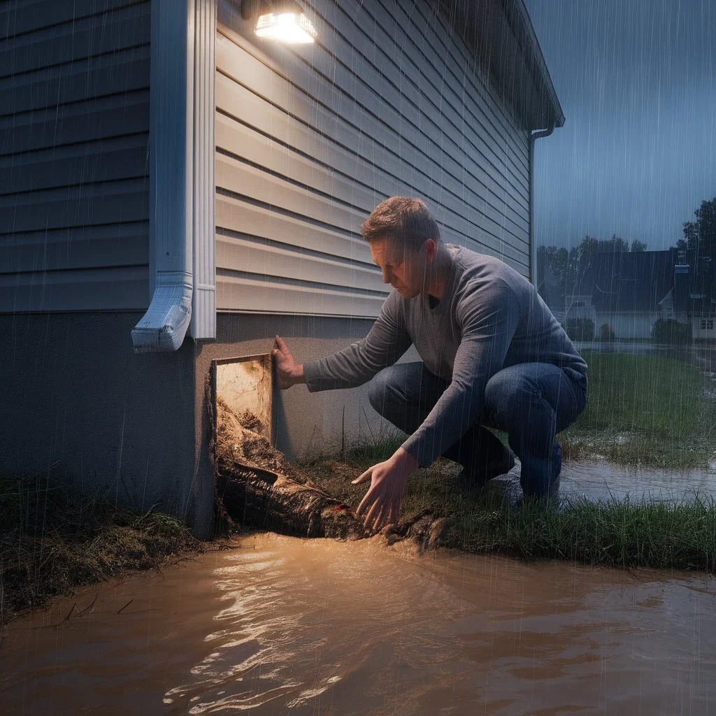 Homeowner inspecting a blocked discharge pipe outside during heavy rain requiring emergency sump pump repair