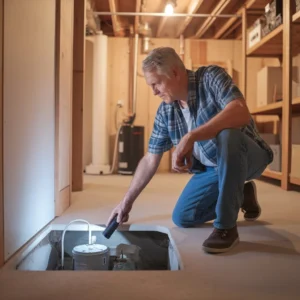 Homeowner performing sump pump maintenance by inspecting an open basement sump pit with a flashlight