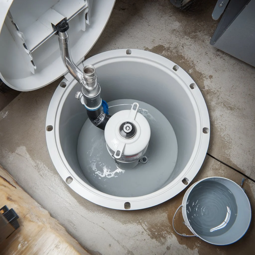 Overhead view of a residential sump pit during a professional sump pump maintenance service and operational testing