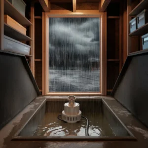 A basement sump pit filled with water during a storm, showing how often should a sump pump run during heavy rain