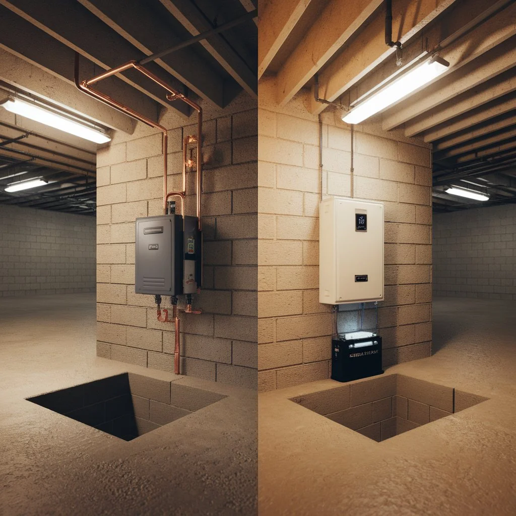Side by side basement comparison showing water powered sump pump vs battery backup systems installed on concrete block walls