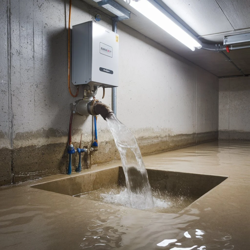 Water powered sump pump actively discharging water into a basement sump pit during a heavy storm event