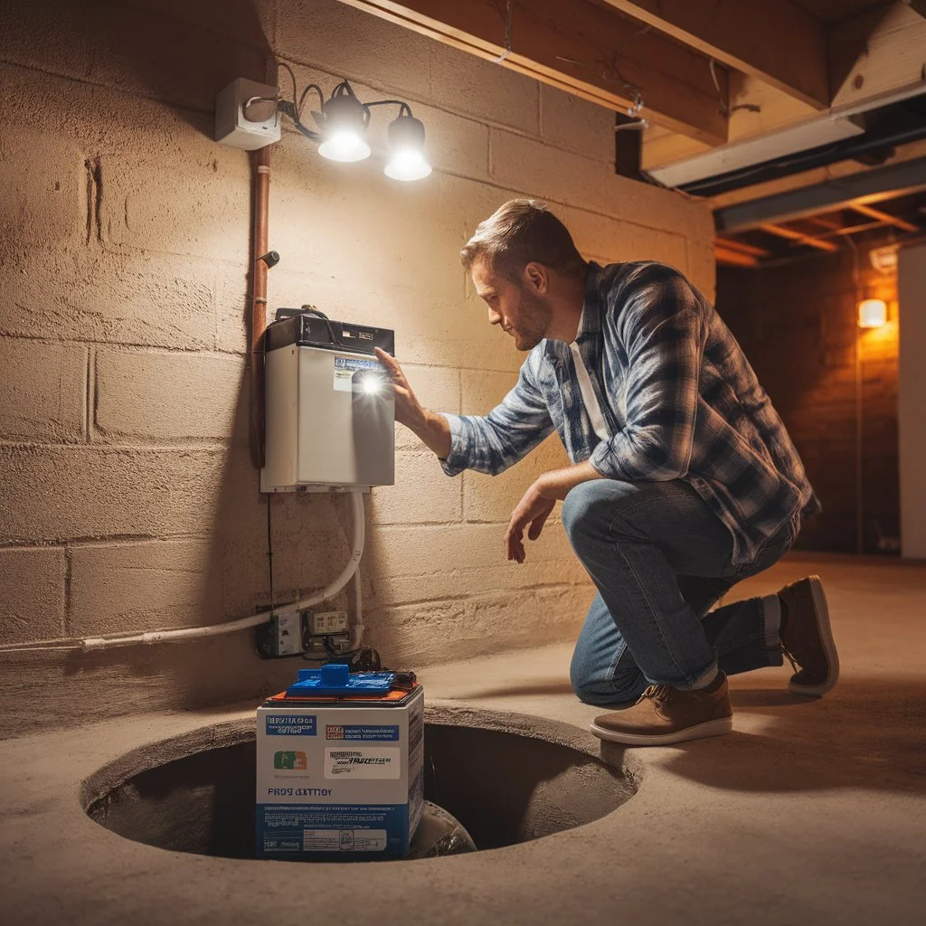 Homeowner inspecting a battery backup sump pump unit mounted on a basement wall with a replacement battery nearby