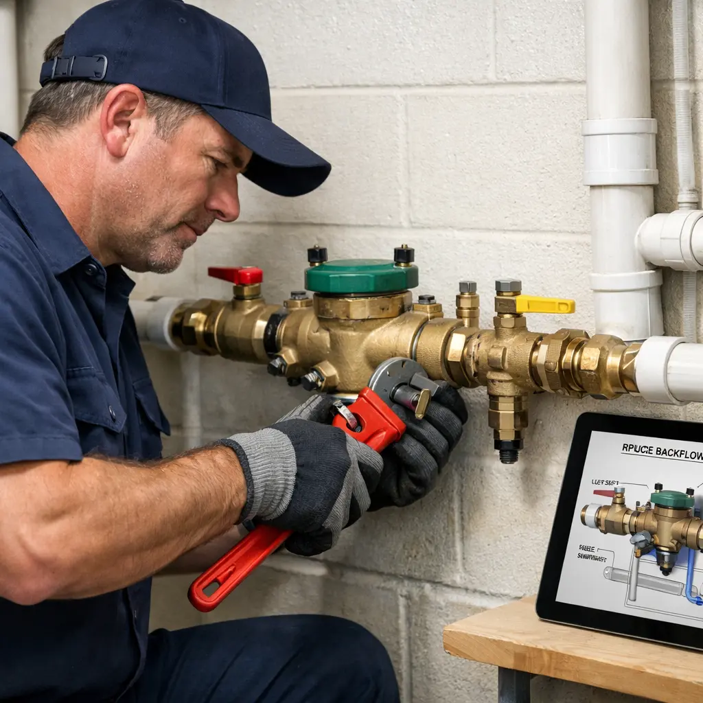 Technician performing a backflow prevention device test using pressure gauges in a US home plumbing system.