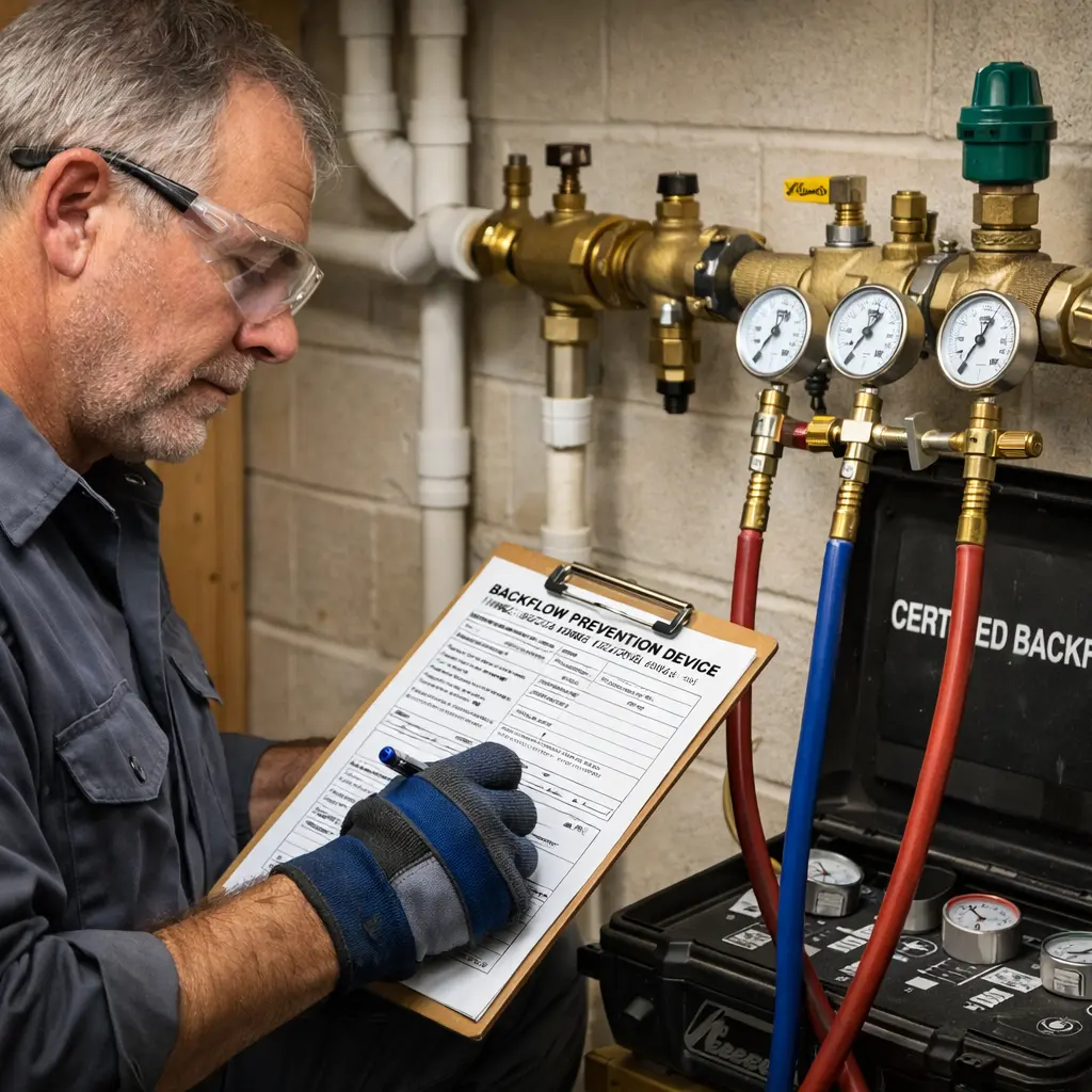 Homeowner checking discolored tap water in a kitchen sink showing possible backflow contamination.