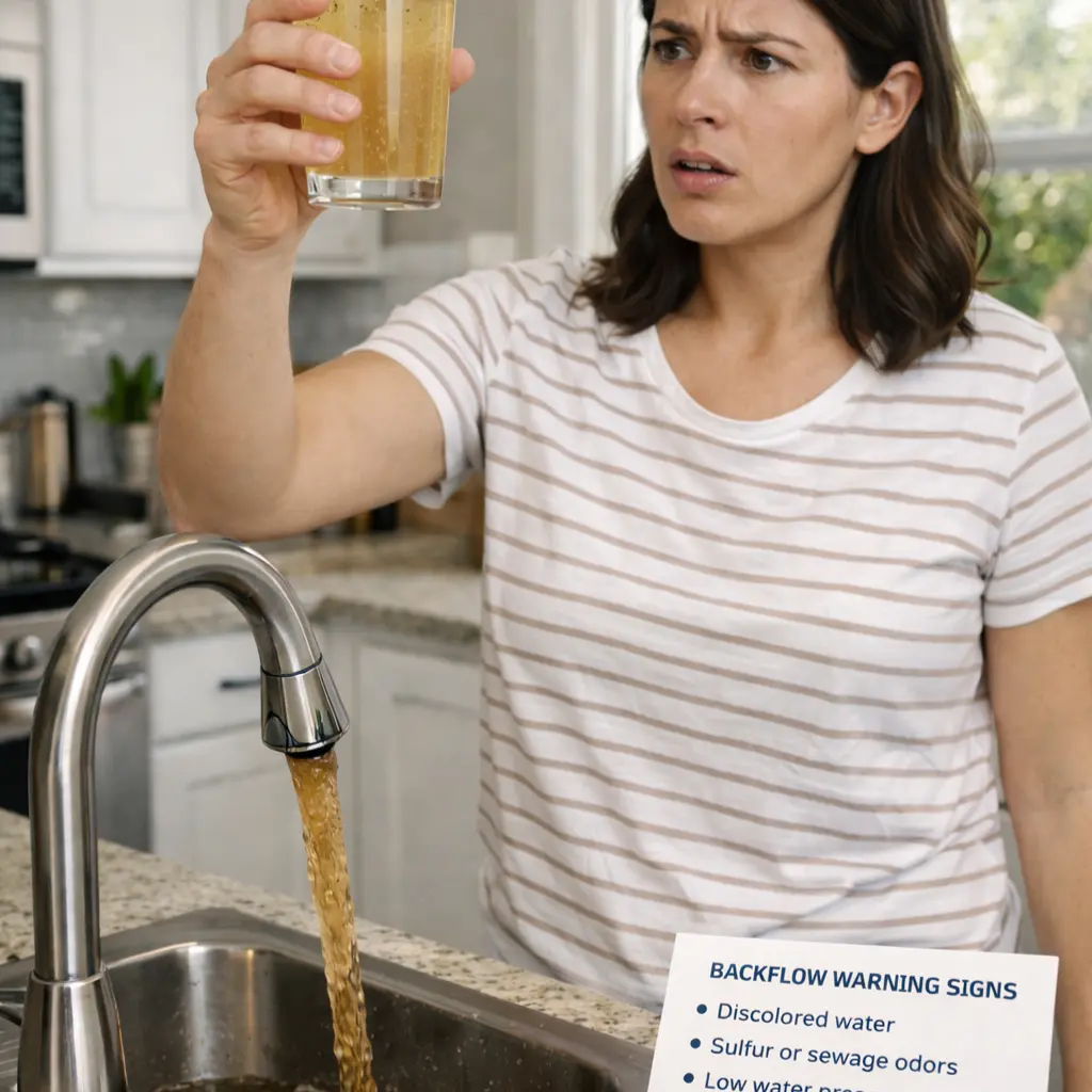 Plumber inspecting a residential backflow prevention valve on a water supply line in a US basement.