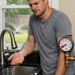 Certified technician testing a leaking backflow preventer using differential pressure gauges in a US home plumbing system.