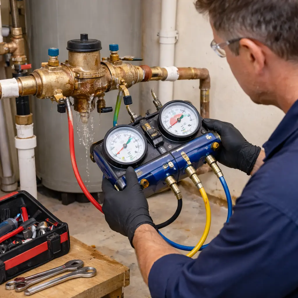 Homeowner checking low water pressure at a kitchen faucet caused by a backflow preventer issue in a US home.