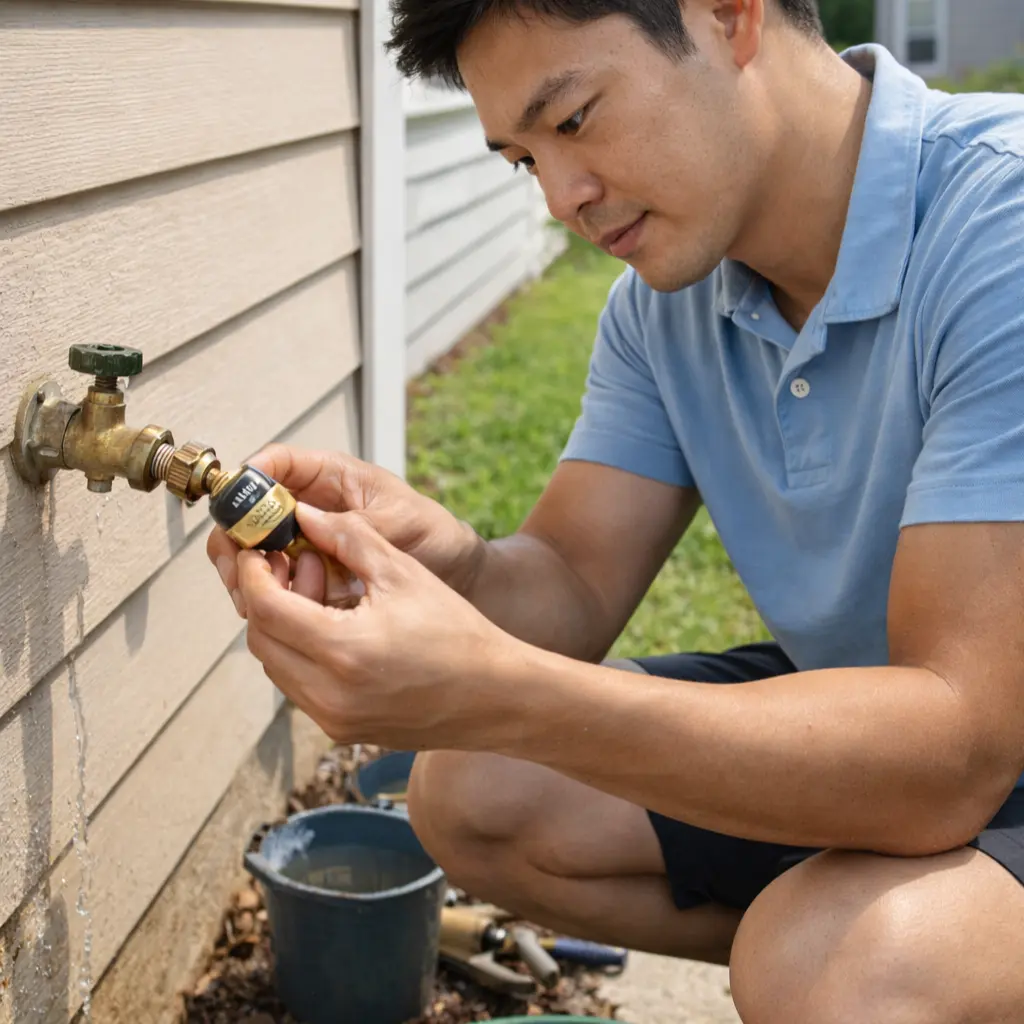 Professional plumber servicing a residential backflow preventer valve in a basement plumbing system.