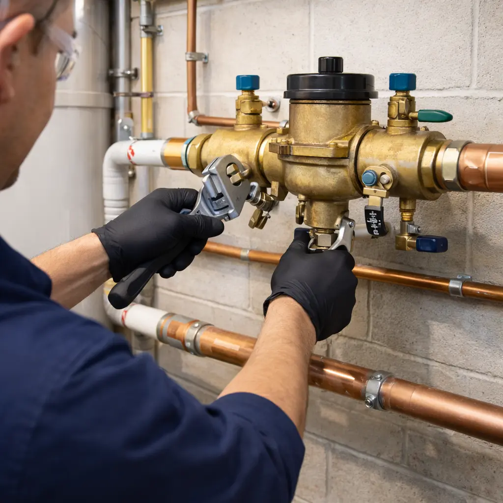 Commercial backflow prevention device installed on a large water supply pipeline in a mechanical room.