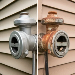 Side by side comparison of a new and heavily corroded backflow preventer on a residential exterior emphasizing the need for regular backflow prevention inspection