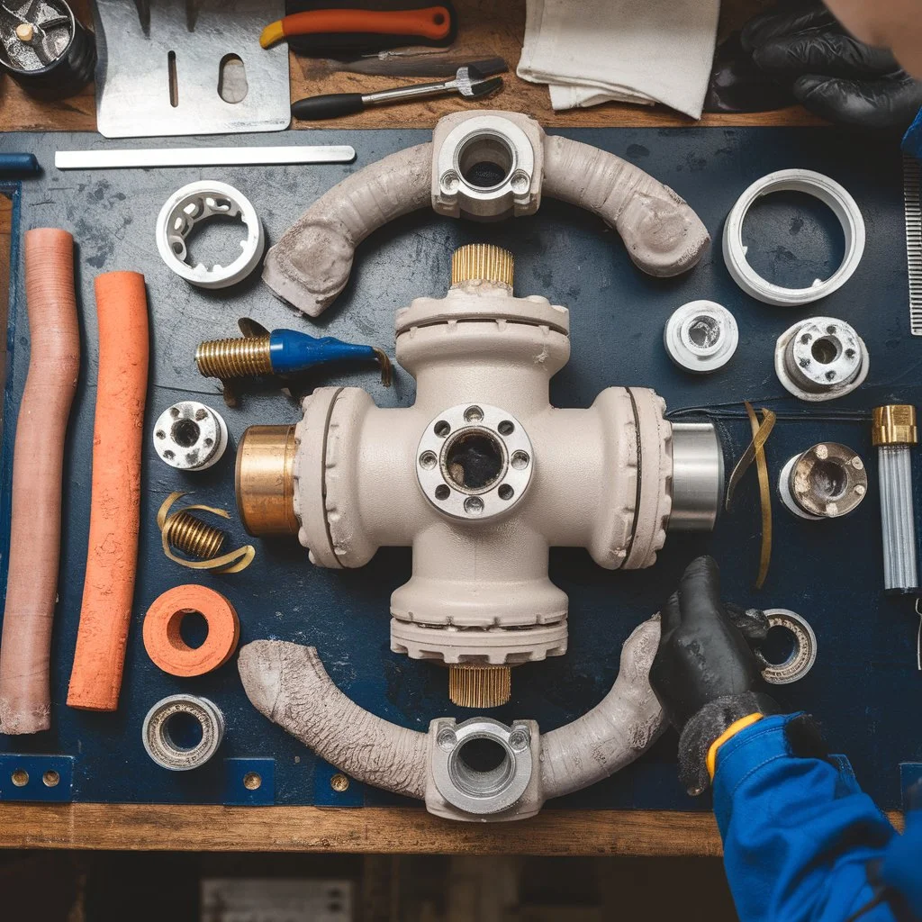 Disassembled backflow preventer with worn internal components laid out on a workbench demonstrating proper backflow preventer testing procedures
