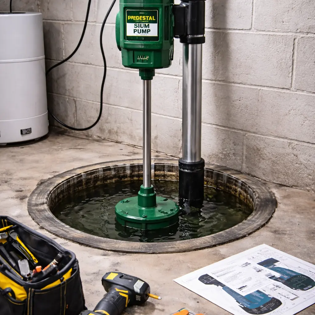 Sump pump battery backup system connected to a basement sump pump for emergency power in a US home.