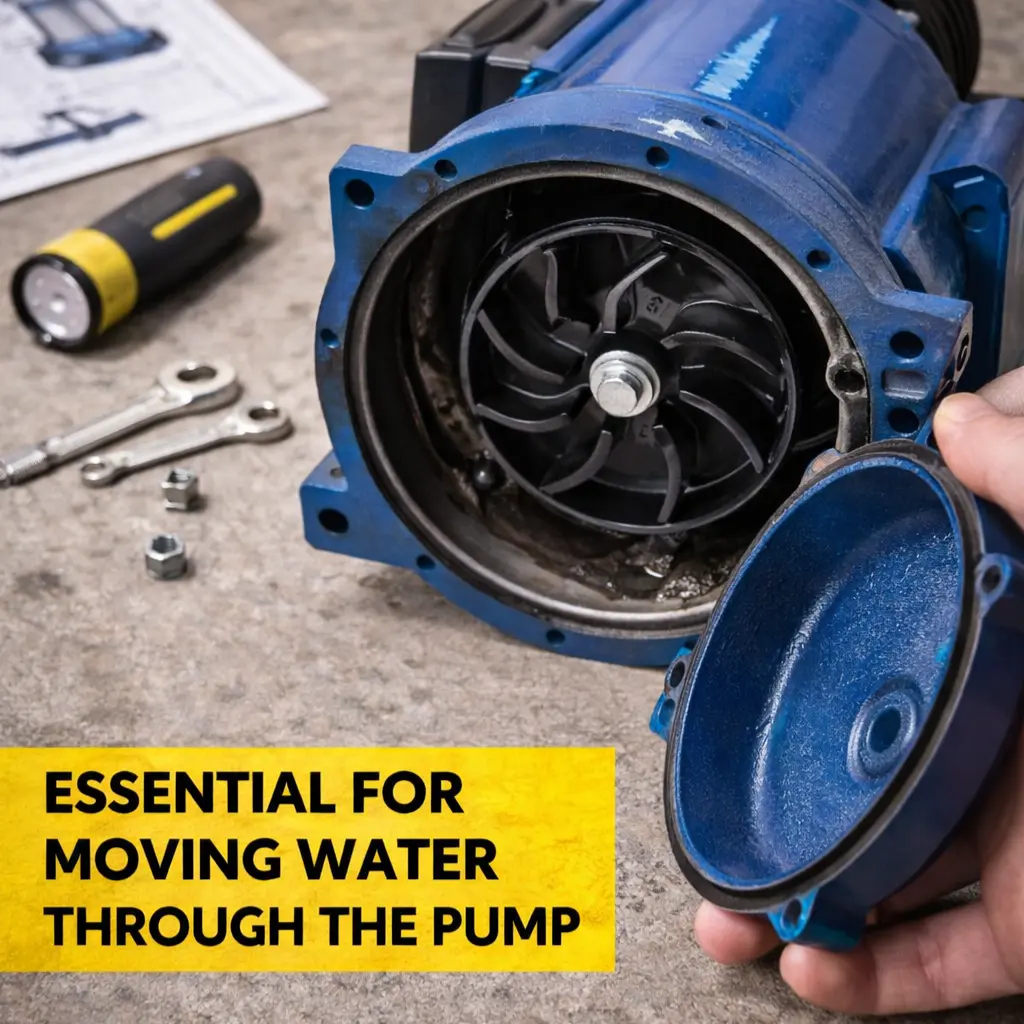 Pedestal sump pump installed in a basement sump pit in a US home with tools and installation guide nearby.