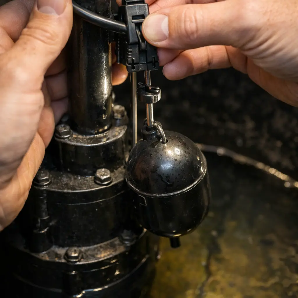 Diagram showing sump pump components including float switch, pump, and water line inside a basement sump pit.