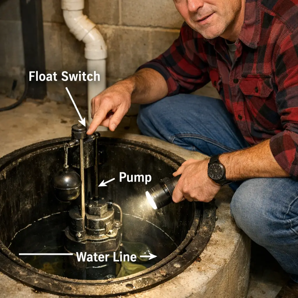 Homeowner testing a basement sump pump by pouring water into the sump pit to activate the pump.