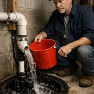 Close-up of a homeowner adjusting the float switch on a basement sump pump in a US home.