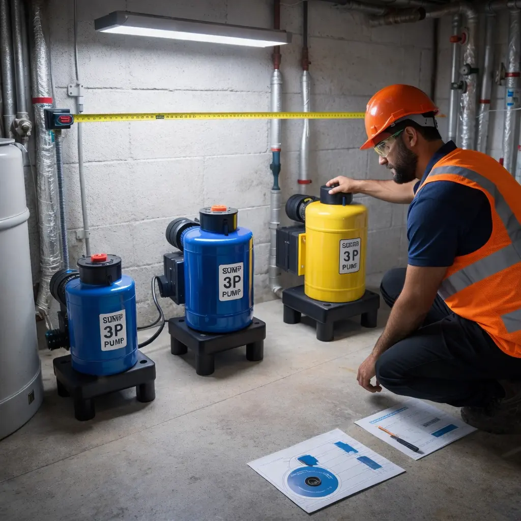 Plumber measuring submersible sump pump height inside a basement sump pit in a US home.