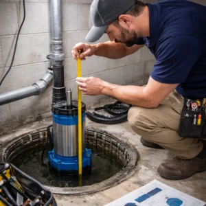 Homeowner checking sump pump size and float switch inside a basement sump pit in a US house.