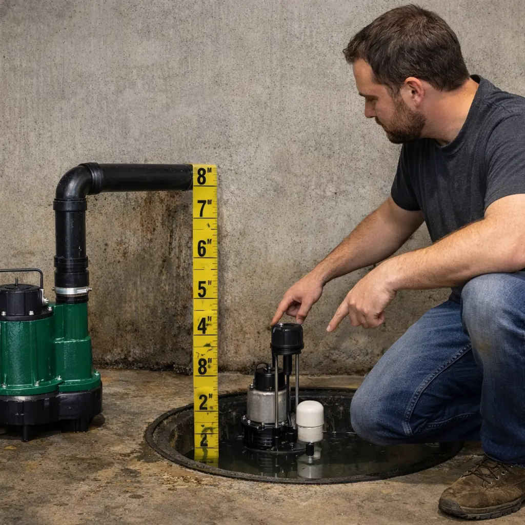 Professional contractor inspecting different sump pump sizes in a residential US basement utility room.