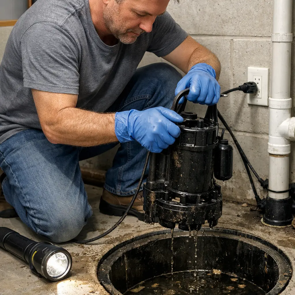 Plumber lifting a sump pump from the basement pit during routine cleaning and maintenance.