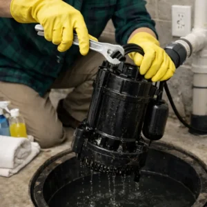 Homeowner scrubbing a sump pump with a brush in a bucket while cleaning debris during maintenance.