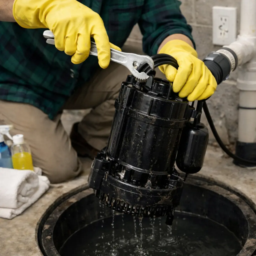 Homeowner scrubbing a sump pump with a brush in a bucket while cleaning debris during maintenance.