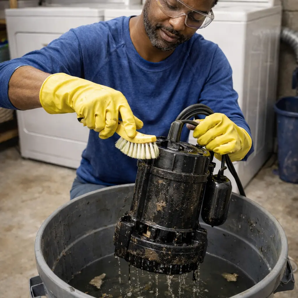 Homeowner removing a submersible sump pump from a basement sump pit for cleaning in a US home.