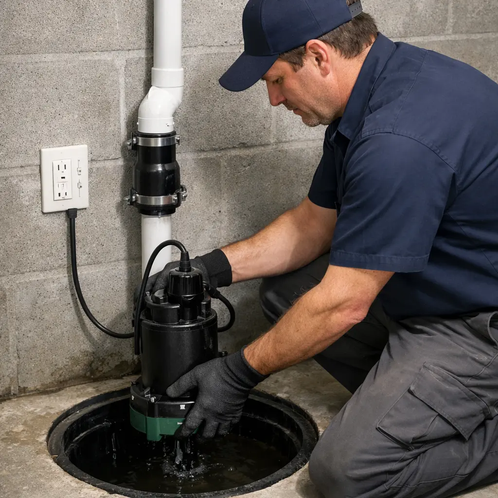 Homeowner testing a basement sump pump by pouring water into the sump pit.