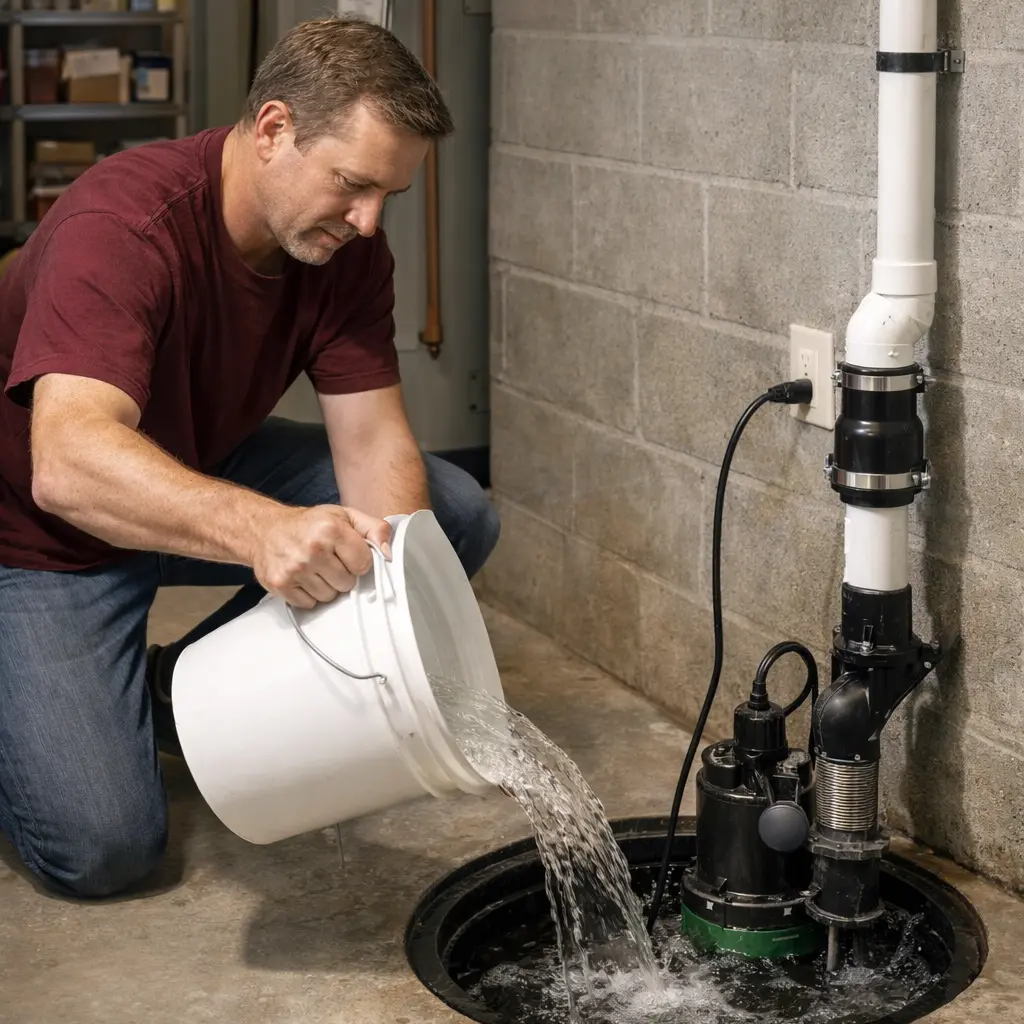 Sump pump maintenance process including cleaning the sump pit and checking the exterior discharge pipe.