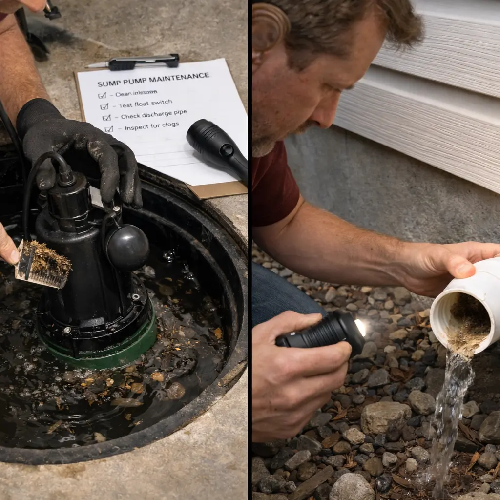 Plumber installing a submersible sump pump inside a basement sump pit in a US home.