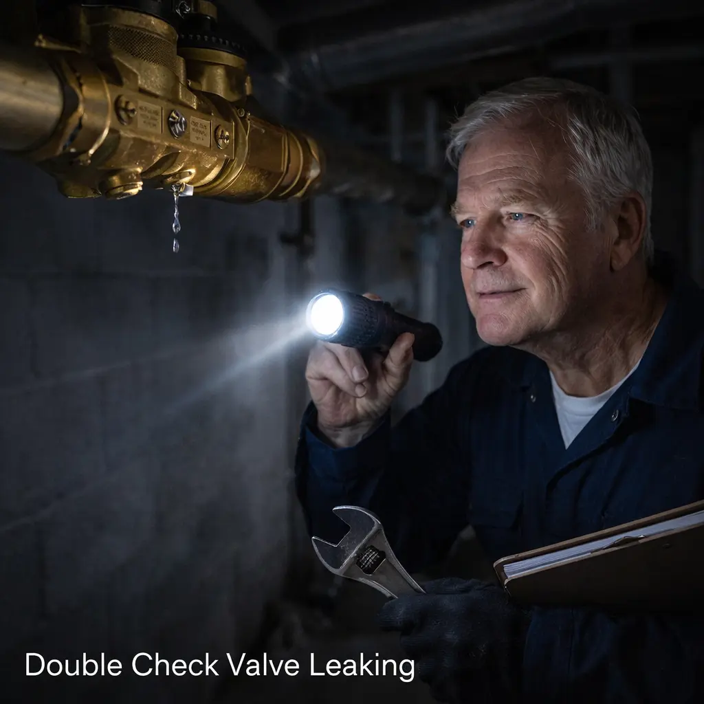Plumber inspecting a leaking double check valve assembly using a flashlight to identify water drip and valve issues