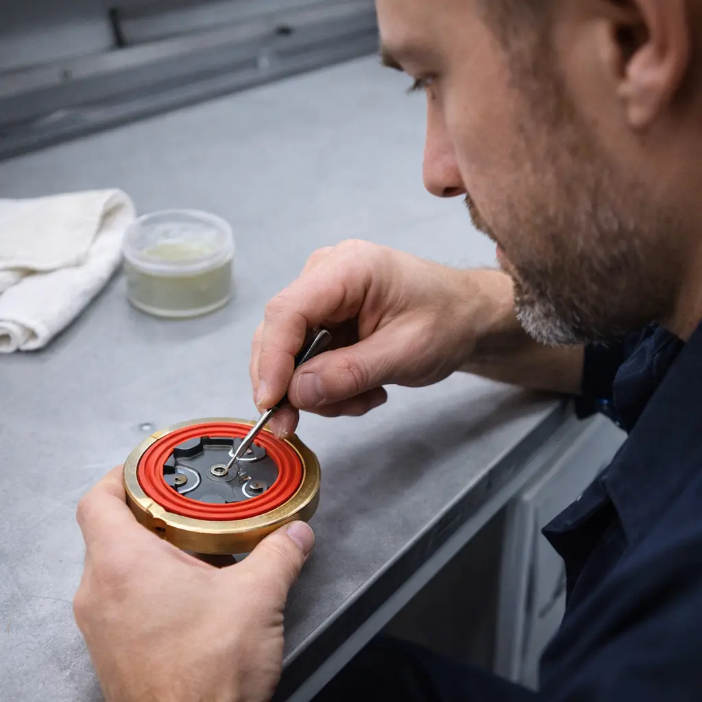 Technician repairing a double check valve assembly by adjusting internal components and sealing elements